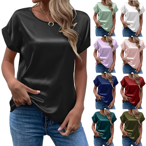 Satin Kurzarm T-Shirt Damen Rundhals Rollbündchen Elegant Büro Pullover Bluse Gerader Schnitt Seidig Top