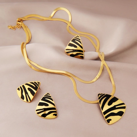 Zebra Print Triangle Stainless Steel Jewelry Set For Women Gold Plated Necklace Earrings Adjustable Ring Vintage Geometric