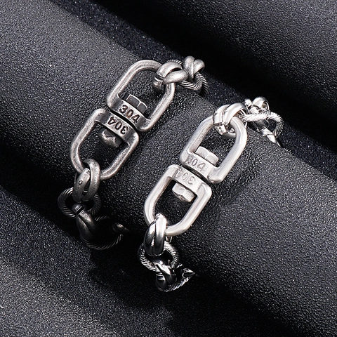 Men Industrial Punk Bracelet 304 Stainless Steel Heavy O-Link Chain Retro Antique Silver Wristband Jewelry