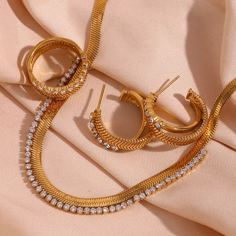 18K Gold Plated Stainless Steel Necklace Ring And Earrings Zircon Pave Herringbone Texture Chic Fashion Women