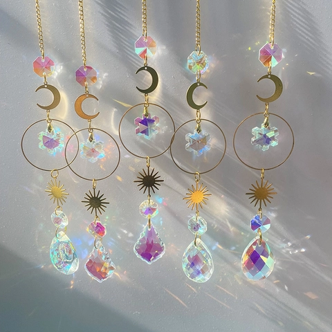 Crystal Suncatcher Moon Sun Pendant Hanging Rainbow Maker Metal Prism Window Decoration Garden Ornament
