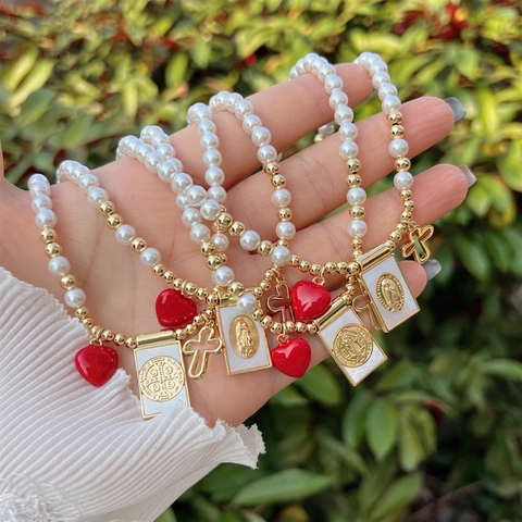Collana Pendente Vergine Maria San Benedetto Rame Placcato Oro 18K Imitazione Perla Artificial Zircone Croce Religiosa Cuore Gioielli