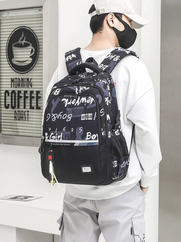 Large Capacity Backpack Polyester Waterproof Graffiti Camouflage School Bag For Men Students Fits Laptop