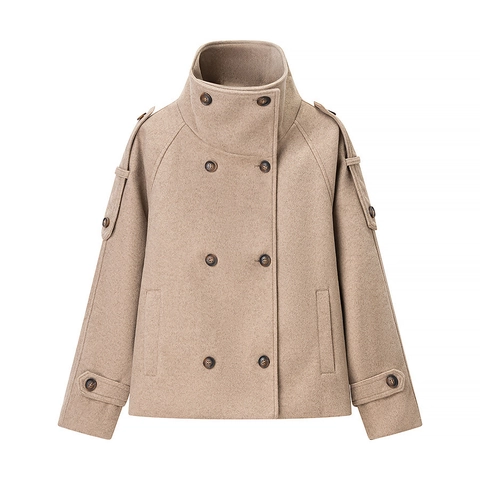 Dames Retro Opstaande Kraag Double-breasted Kameel Wollen Jas Vintage Epauletten Street Style Korte Jas