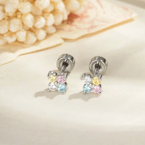 Flower Cartilage Earring Stud Titanium Steel Copper Micro Pave Multi Color Zircon Four Leaf Clover Piercing Jewelry Women