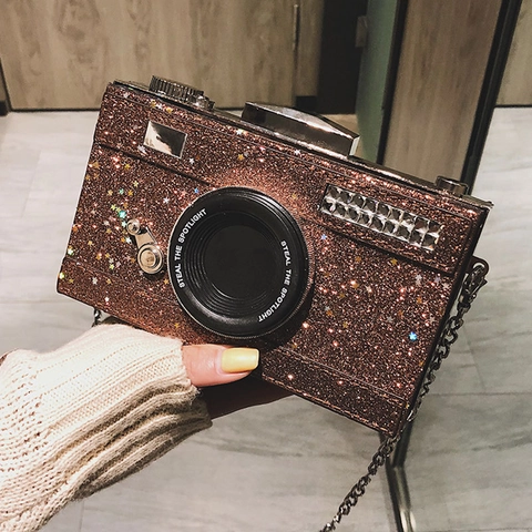 Kamera Förmige Umhängetasche PU Leder Pailletten Glitzer Sternmuster Handtasche Mit Metallkettenriemen Abendparty Tasche