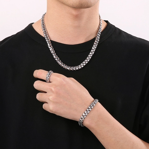 Herren Halskette Armband Ring Schmuck Edelstahl Drachenknochen Kette Punk Poliert Geometrisches Accessoire