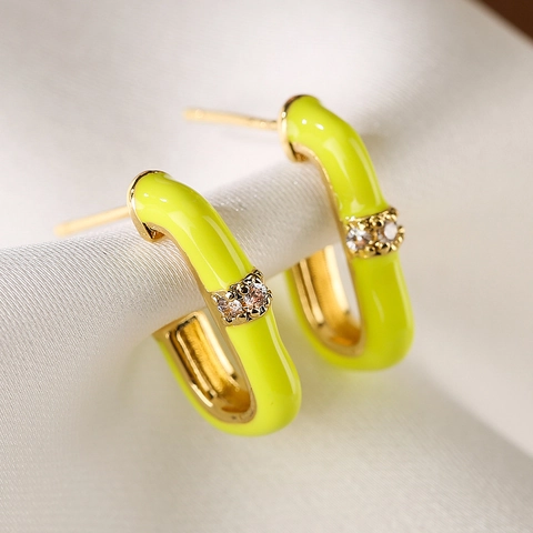 Geometric U-Shaped Stud Earrings Gold Plated Copper Enamel Colorful Zircon Fashion Jewelry For Women