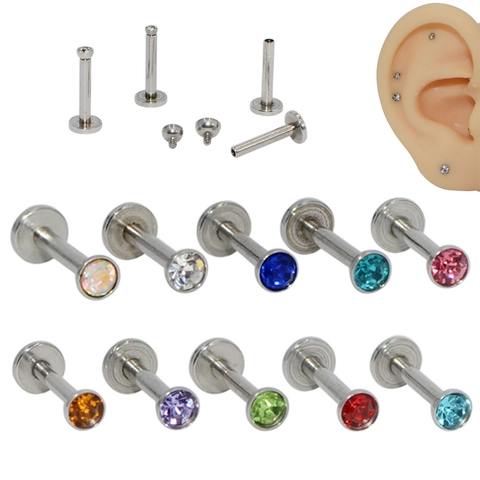 Roestvrij Staal Labret Studs Kleurrijke Rhinestone Interne Schroefdraad Platte Achterkant Lip Ringen Piercing Sieraden