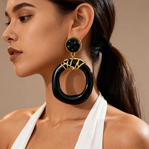 Geometric Round Resin Drop Earrings With Alloy And 925 Sterling Silver Earring Post Retro Dark Style Jewelry For Women