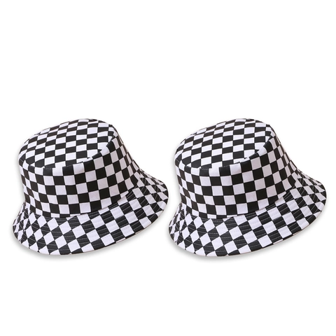 Checkerboard Pattern Cotton Bucket Hat Black And White Wide Brim Sun Protection Streetwear Casual For Men Women