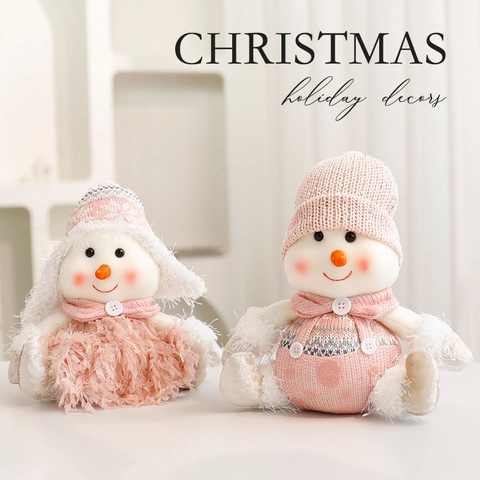Pink Christmas Plush Dolls Knitted Santa Reindeer Snowman Figures Holiday Desktop Ornament Festive Table Home Decoration