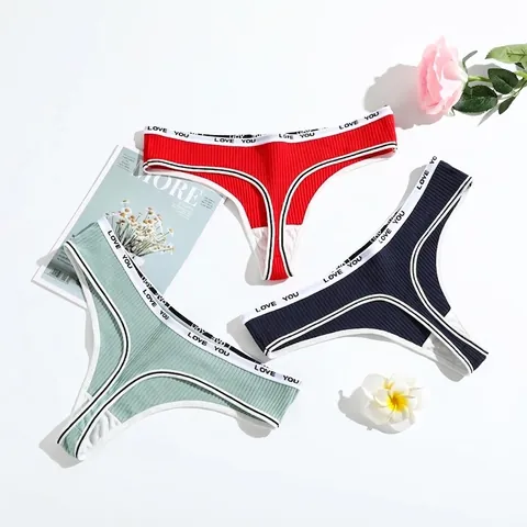 Strings En Coton Pour Femmes Sous-Vêtements T-Back Côtelés Respirants Taille Basse Avec Ceinture Élastique Imprimée