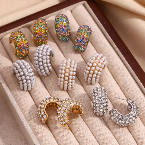 Chunky C Shape Hoop Earrings Stainless Steel With 18K Gold Plated Rhinestone And Faux Artificial Pearl Fashion Jewelry For Women