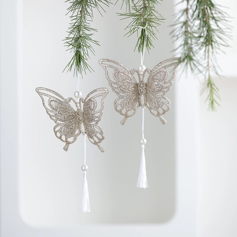 Χριστουγεννιάτικα Κρεμαστά Στολίδια Glitter Hollow Butterfly Heart Reindeer Snowflake Με Τεχνητό Τεχνητό Μαργαριτάρι Μεταξωτή Φούντα