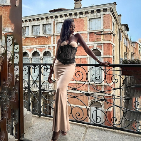 Elegantes Satin Patchwork Spitze Korsett Maxikleid Sexy Fishtail Abendkleid Slim Fit Party Cocktail Hochzeitsgast