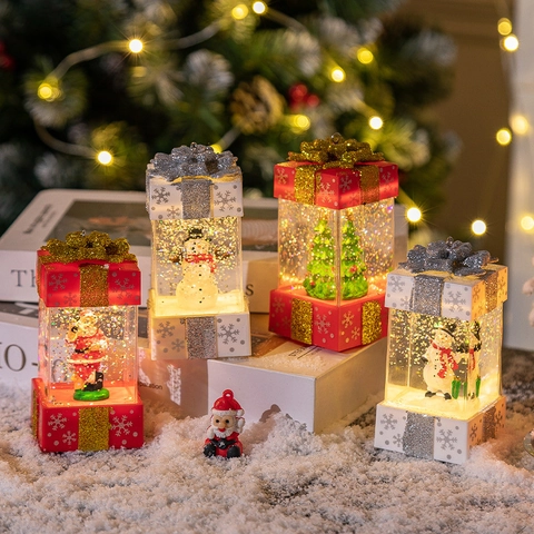 Christmas Gift Box Snow Globe LED Lighted Water Lantern Santa Claus Snowman Sparkle Glitter Festive Ornament Home Decor