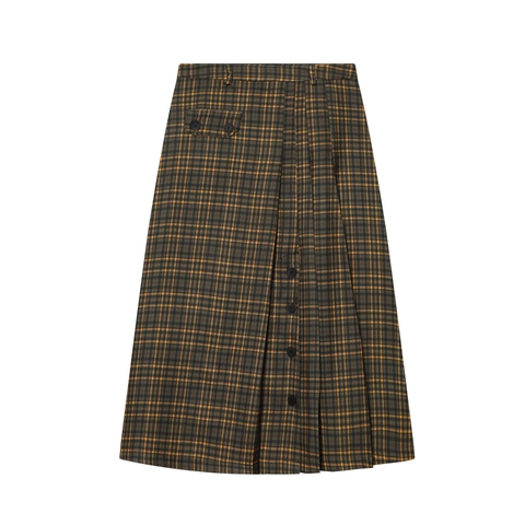 Plaid A-Line Midi Skirt Polyester Button Decor High Waist Pleated Retro British Style For Women