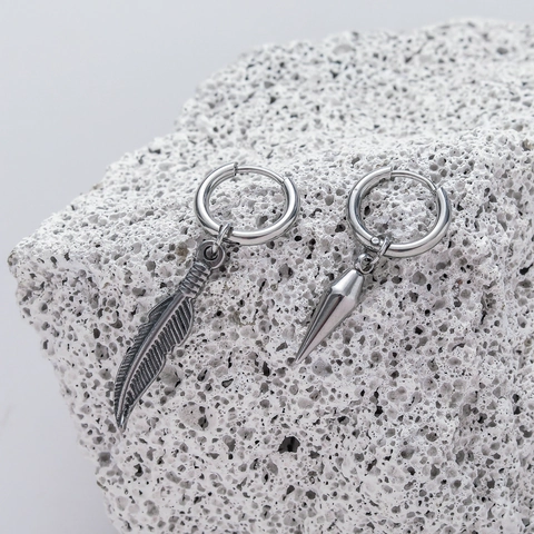 Men Stainless Steel Asymmetric Earrings Punk Hip Hop Gothic Style Jewelry Lightning Skull Cross Star Feather Charms