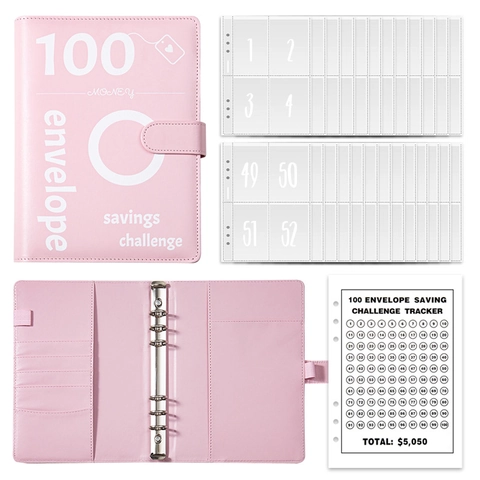 100 Envelope Savings Challenge Binder PU Leather Budget Planner Loose Leaf Cash Organizer For Budgeting Money Saver