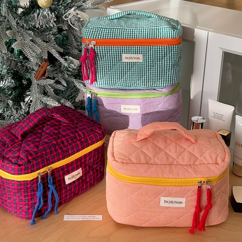 Quilted Cotton Checkered Makeup Bag Contrast Color Travel Cosmetic Pouch Portable Handheld Storage Case For Women