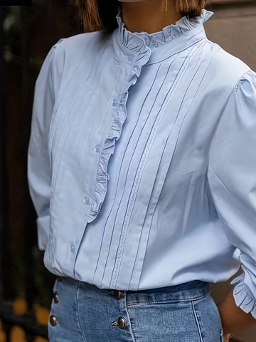 Elegante Dames Blauwe Blouse Opstaande Kraag Ruches Lange Pofmouwen Plooien Polyester Kant Knoopsluiting Kantoor Shirt