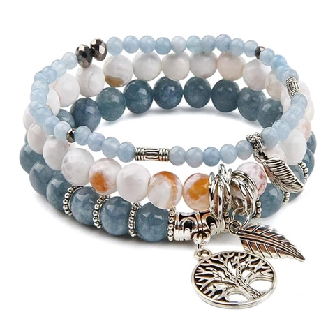 Bohemian Multi Layer Gemstone Beaded Bracelet With Tree Of Life Feather Pendant Elastic Ethnic Jewelry For Women
