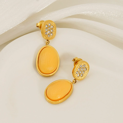 Boucles D'oreilles Pendantes Ovales Rétro Plaquées Or 18K Acier Inoxydable 304 Résine Strass Bijoux Géométriques