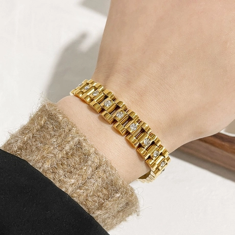 Uhrenarmband Gliederkette Armband 316 Edelstahl 18K Vergoldet Zirkon Hip Hop Luxus Schmuck