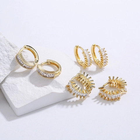 Women Gold Plated Copper Hoop Earrings Cubic Zirconia Baguette Square Cut Geometric Huggie Jewelry Elegant