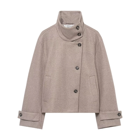 Chaqueta Corta Mujer Efecto Lana Cuello Alto Color Sólido Botones Elegante Otoño Invierno Abrigo
