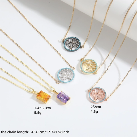 Collana Pendente Albero Della Vita Zirconia Cubica Rettangolare Rame Vetro Lusso Etnico Catena Della Clavicola Gioielli Per Donne