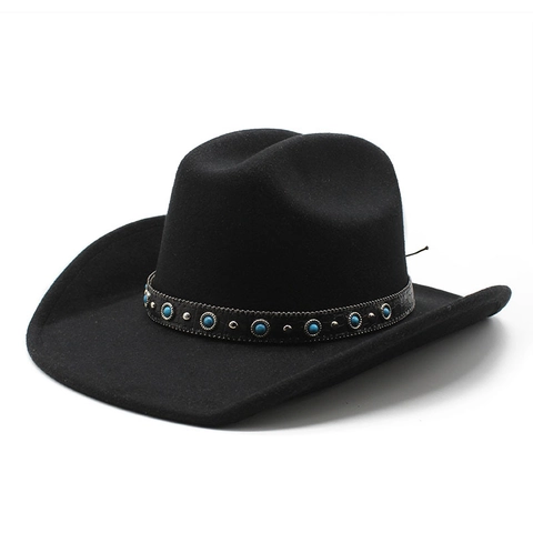 Western Cowboy Hat Retro Ethnic Felt Wide Brim With Turquoise Beads Silver Rivets Decor Sun Protection For Men Women