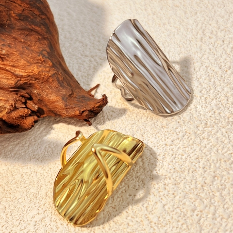Vertical Texture Stainless Steel Ring Wide Tree Bark Open Band Adjustable Minimalist Bohemian Jewelry For Women Men