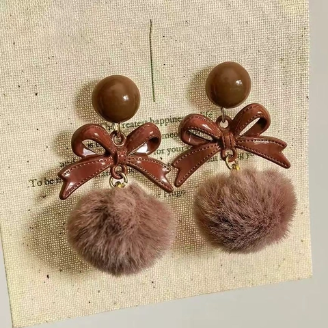 Bowknot Plush Fur Ball Drop Earrings With 925 Sterling Silver Earring Post Autumn Winter Retro Elegant Niche For Women