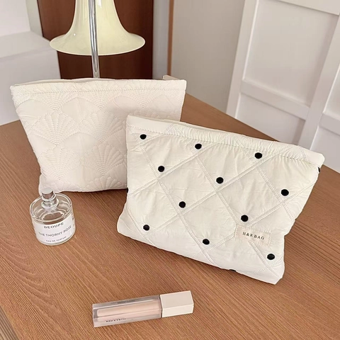 Neceser De Maquillaje Acolchado Con Lunares Gran Capacidad Tela Jacquard Bolsa De Aseo Portátil Viaje Almacenamiento