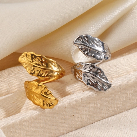 Übertriebener Blatt Feder Verstellbarer Ring Edelstahl Offen Texturiert Hip Hop Mode Schmuck Für Frauen