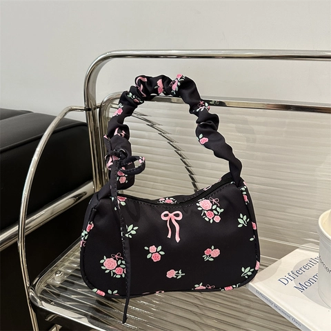 Floral Print Underarm Bag For Women Sweet Rose Pattern Bow Ribbon Decor Fabric Nylon Ruffled Scrunchie Shoulder Strap