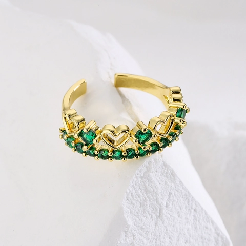 Adjustable Open Ring For Women Copper 18K Gold Plated Vintage Cubic Zirconia Heart Crown Celestial Fashion Jewelry