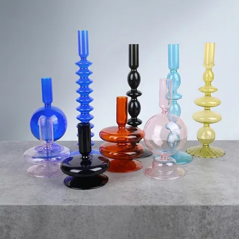 Glass Candle Holder Vintage Geometric Colorful Borosilicate Candlestick For Desktop Home Decor Party Wedding Dinner