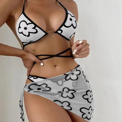 Floral Print Bikini Top And Bottoms And Sarong With Heart Metal Buckle Strappy Vacation Swimwear For Women