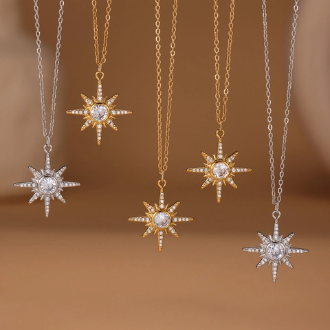 Eight Pointed Star Pendant Necklace Stainless Steel 18K Gold Plated Zircon Layered Starburst North Star Jewelry Women