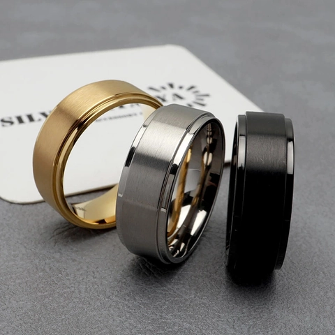 Minimalist Stainless Steel Ring Brushed Matte Finish Classic Wedding Band Polished Stepped Edge Unisex Fashion Jewelry