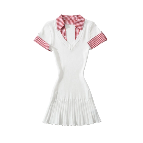 Mini Abito In Maglia A Maniche Corte Con Colletto A Quadretti A Contrasto E Orlo A Pieghe Stile Retrò Per Donne