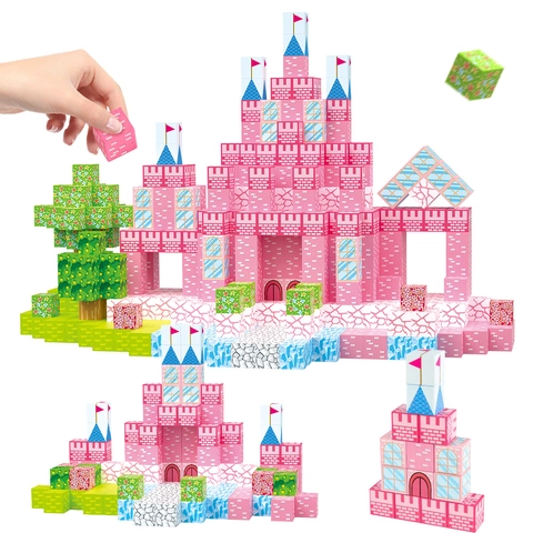 Educational Magnetic Cube Building Blocks Pink Castle With Storage Bag For Kids Girls DIY Construction Toy