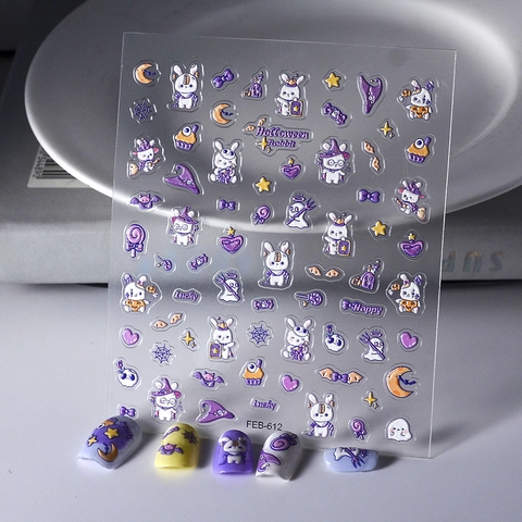 Autocollants Pour Ongles En Relief 5D Halloween Lapin Magique Crâne Style Gothique Sombre Décoration Manucure Étanche
