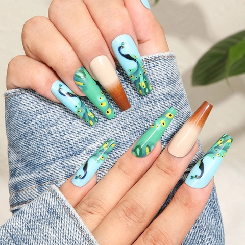 Press On Nails Long Coffin Peacock Feather Pattern Gradient Blue Green Glossy Full Cover False Nails For Women