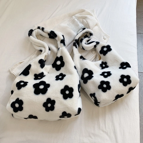 Sac Cabas En Peluche Fausse Fourrure Douce Motif Floral Noir Et Blanc Sac À Main Épaule Pour Femmes Style Hiver Décontracté