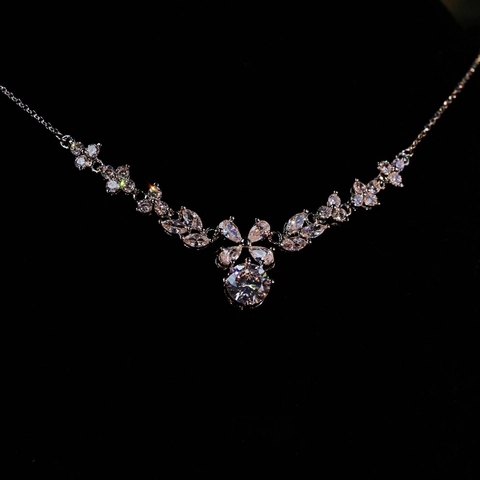 Collana Pendente Fiore Zircone Rame Intarsiato Pietra Rotonda Catena Clavicola Lusso Leggero Elegante Gioielli Per Donne