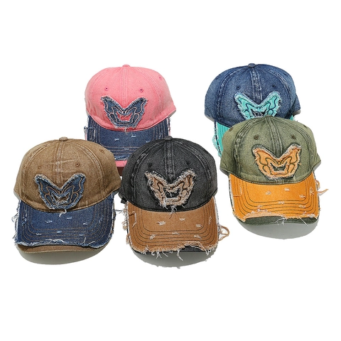 Cappello Da Baseball In Denim Lavato Vintage Patch Farfalla Effetto Consumato Color Block Snapback Regolabile Sole